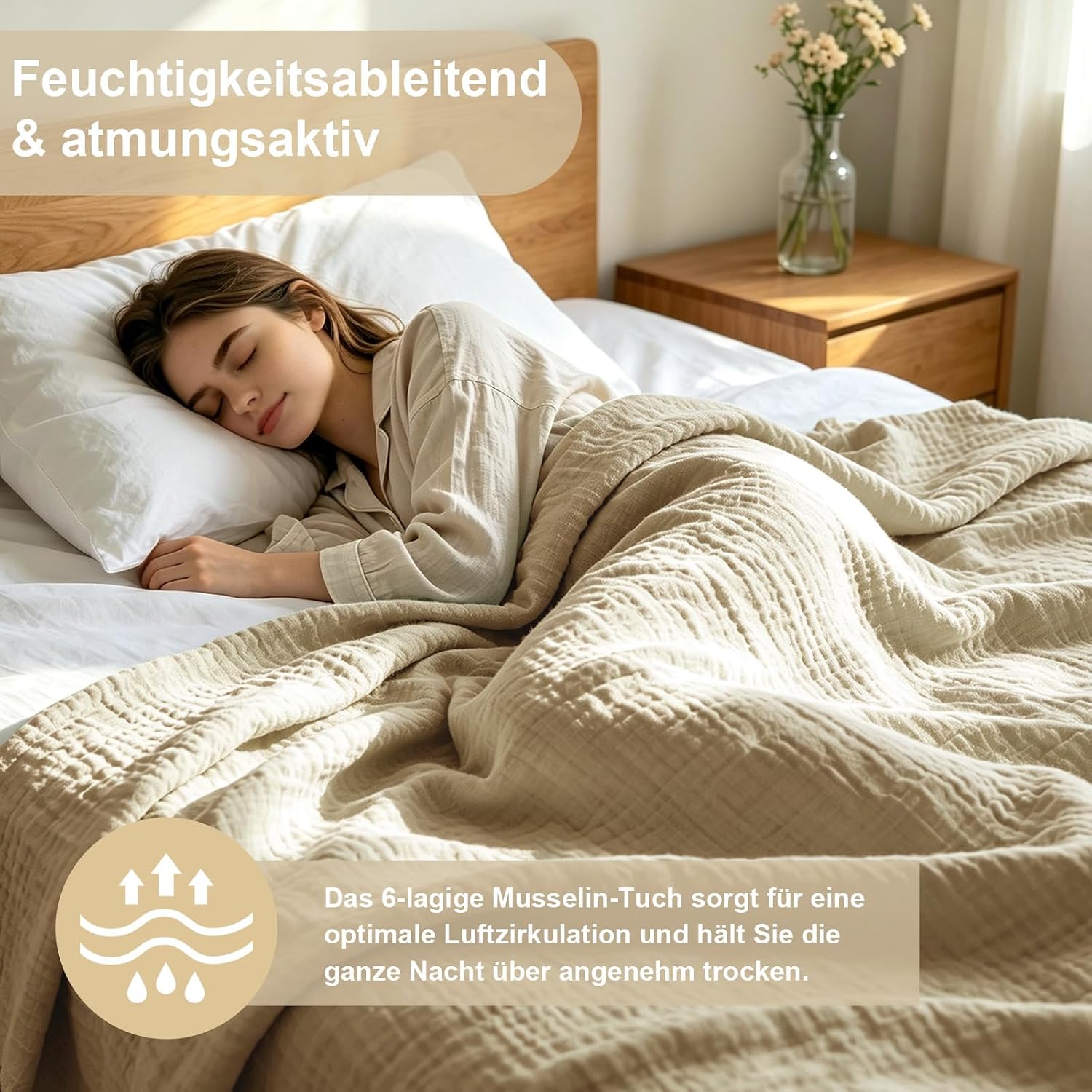 6-Layer Muslin Blanket 150 x 200 cm Breathable Beige – Bild 4