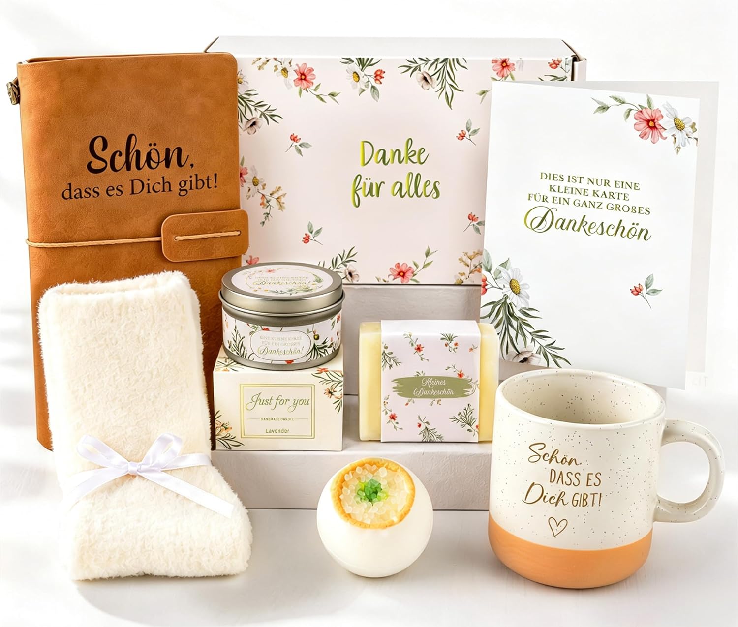 Giftota - Gifts for Women - 7-Piece Wellness Set "Schön dass es dich gibt" (German Language) Relaxation Gift as a Thank You & Birthday Gift for Mum, Best Friend, Colleague, Teacher, Midwife