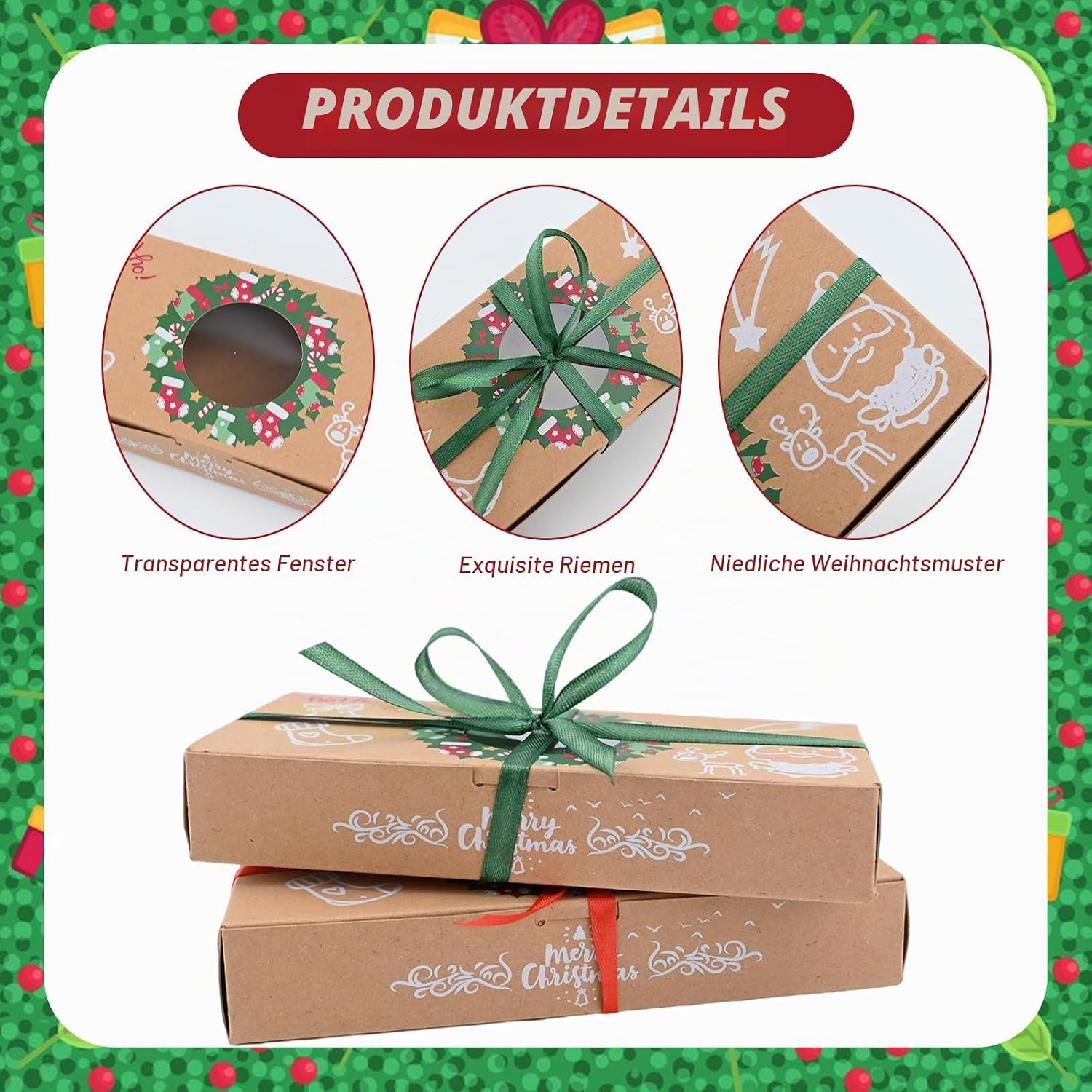 12 Christmas Biscuit Boxes with Window and Ribbon, Christmas Treat Boxes, Gift Box, Bakery Boxes, Biscuits, Packaging for Pastries, Cupcakes, Brownies, Gifts, Doughnut and Cookie – Bild 3