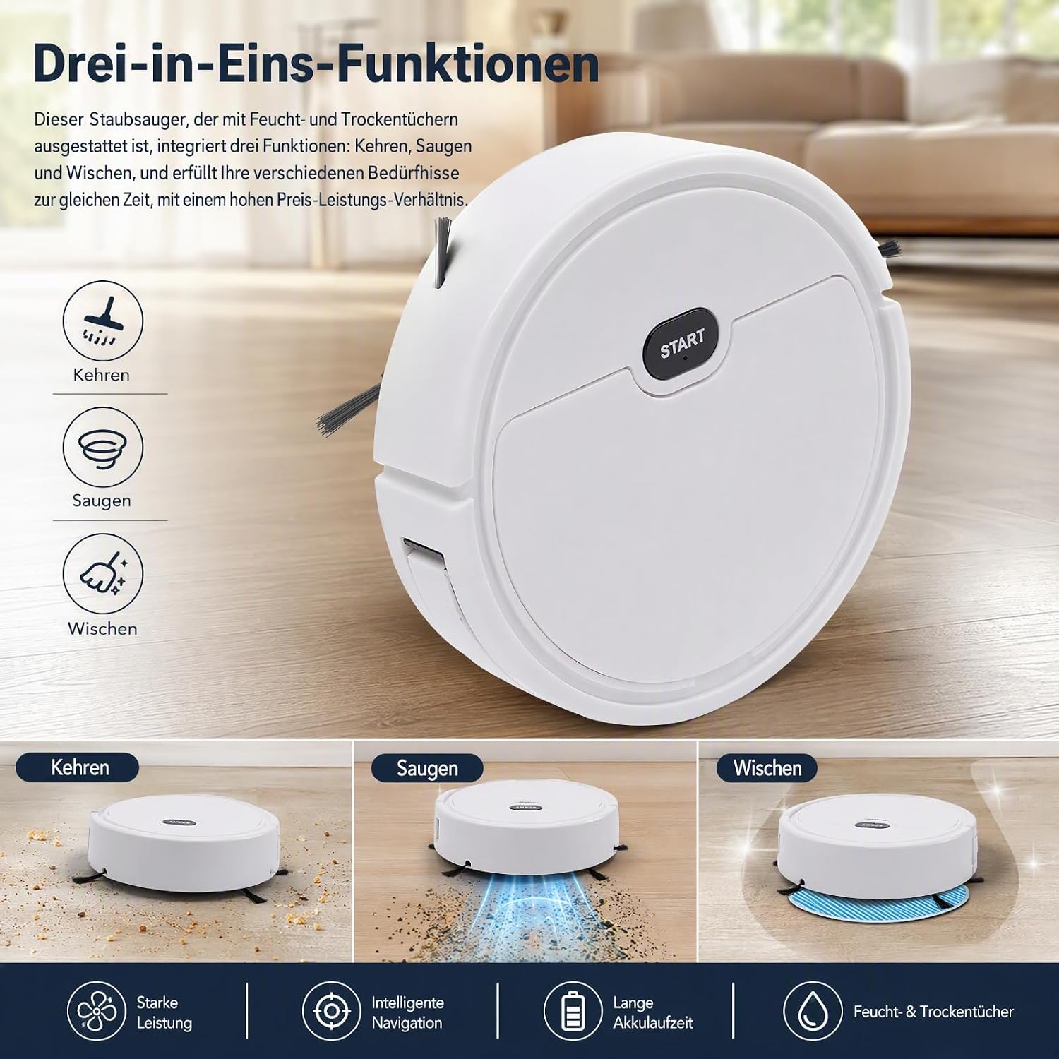 3-in-1 Mop Function Robot Vacuum Cleaner, 500 Pa 30 Min Running Time Plastic White Robot Vacuum Cleaner Robot Mop Robot Sweeper with Suction Station for Hard Floors Wood Marble – Bild 7