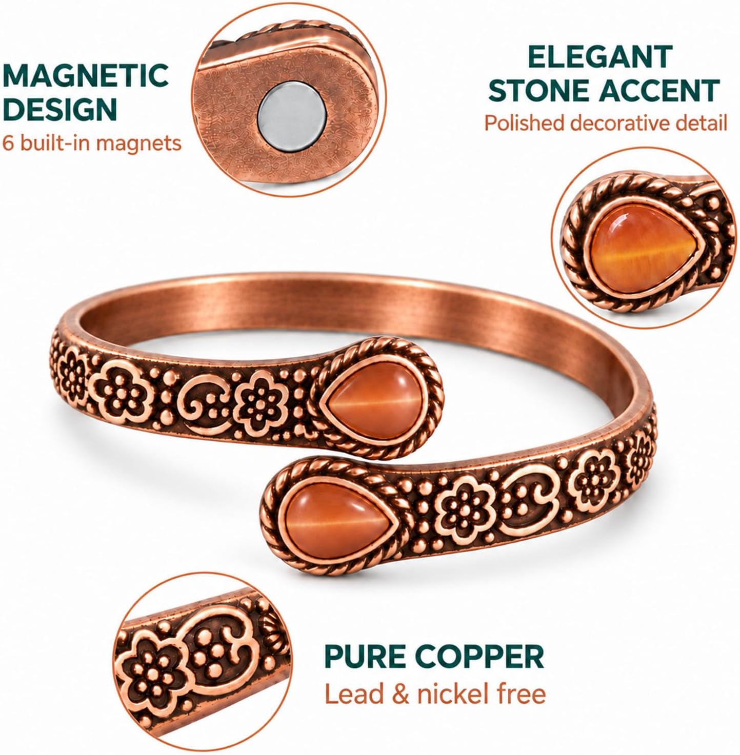 JEROOT Women's Pure Copper Magnetic Bracelet with 6 Powerful Magnets Vintage Flower Copper Bracelet with 2 Cat's Eye – Bild 5