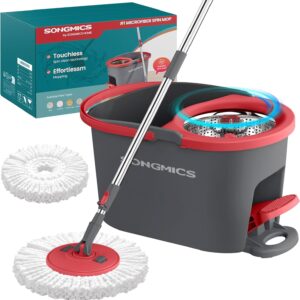 SONGMICS Mop Set with Bucket, Floor Mop with Spinner, Cleaning Bucket with Pedal and Wring Function, Telescopic Handle 122.5-150 cm, 360° Rotating Head, 1 Microfibre Cover, Grey/Red LMB002GT01