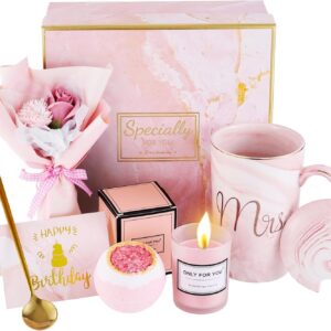 Birthday Gift for Women - Pink Gift Box Set with Cup, Candle & Bath Bomb | Happy Birthday Gift Idea for Girlfriend, Mother, Sister, Daughter, Colleague