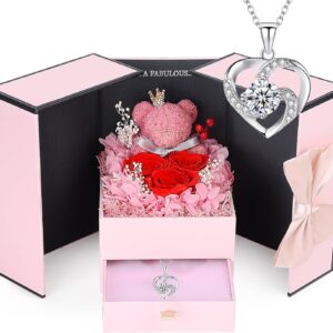 Rose Moss Bear Gifts for Mum, Real Eternal Rose Gift Box with Necklace, Preserved Rose Flower Box, Mother’s Day Gift for Mum, Women, Wife, Girlfriend, Grandma, Valentine’s Day, Anniversary, Christmas