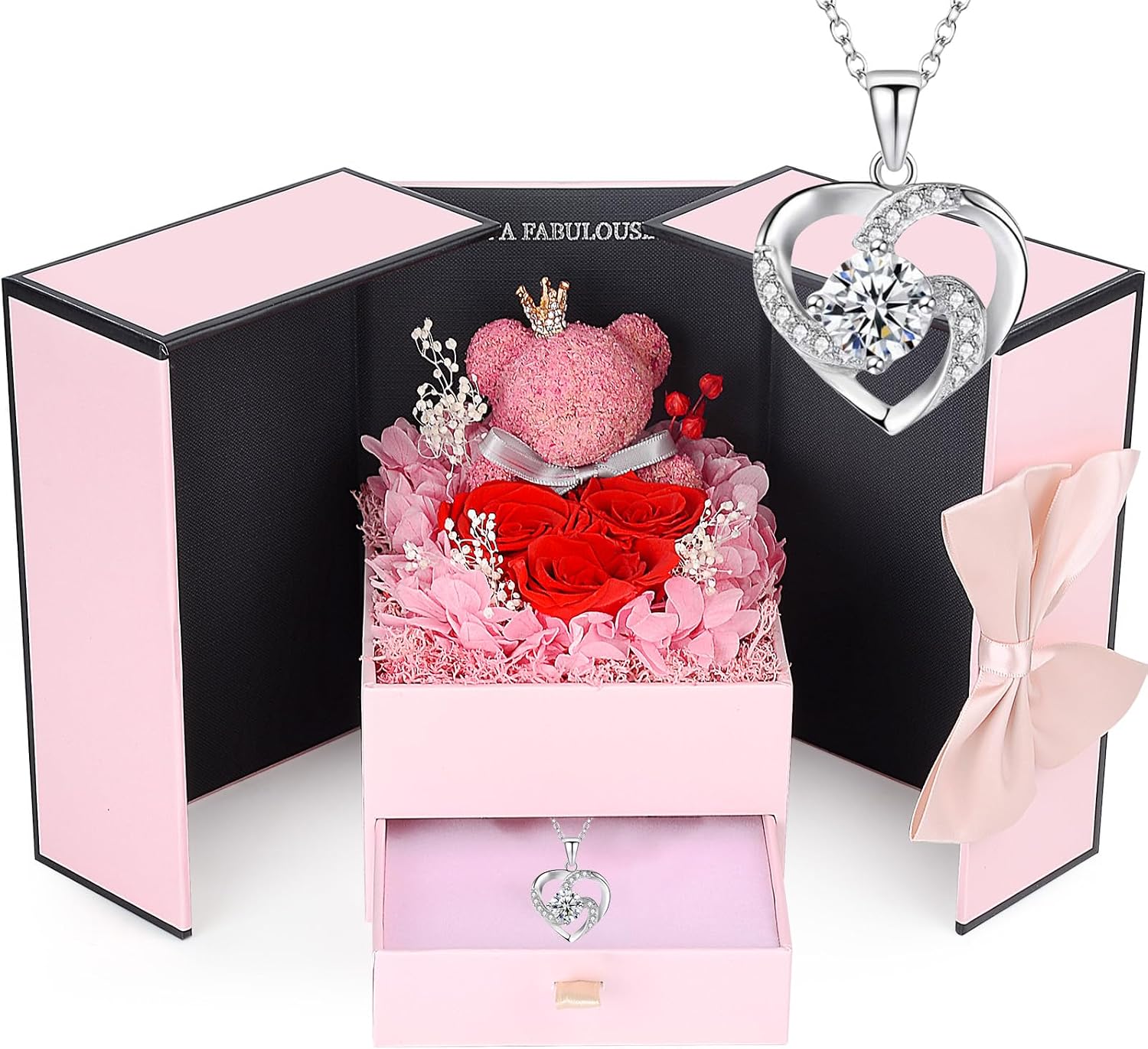 Rose Moss Bear Gifts for Mum, Real Eternal Rose Gift Box with Necklace, Preserved Rose Flower Box, Mother's Day Gift for Mum, Women, Wife, Girlfriend, Grandma, Valentine's Day, Anniversary, Christmas