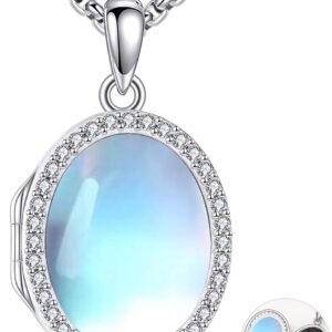 YAFEINI Silver Locket Chain Opal Locket Sterling Silver Photo Necklace Opal Memorial Jewellery Gifts for Women, Mothers and Wives