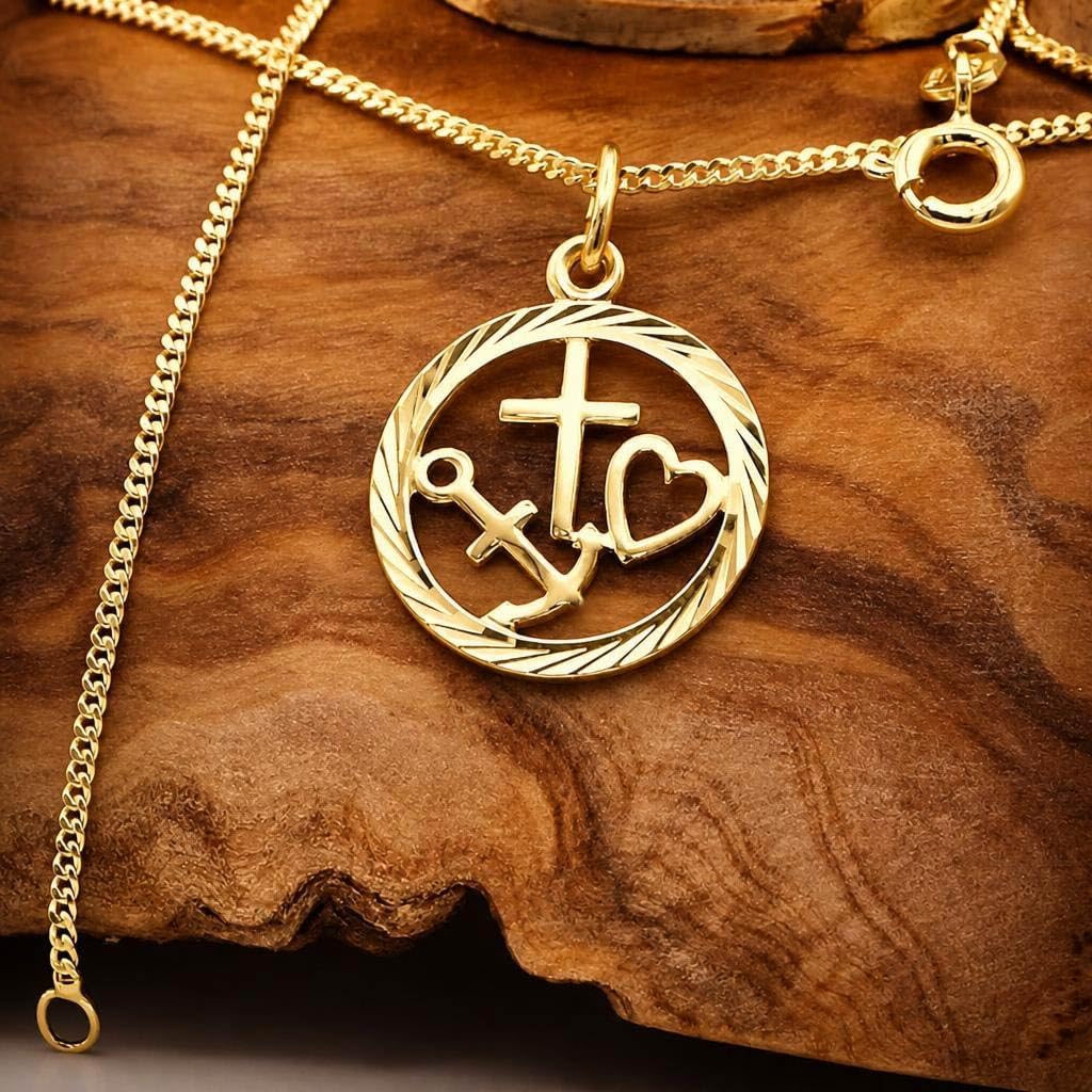CLEVER SCHMUCK Faith Love Hope Necklace Gold Diameter 14 mm Diamond-Coated + Curb Chain 45 cm 925 Sterling Silver Gold-Plated in Luxury Case – Bild 2