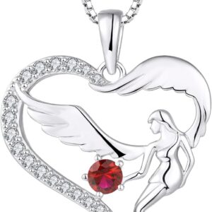 FJ Heart Guardian Angel Necklace Women's 925 Sterling Silver Angel Wings Chain Pendant Birthstone Zirconia Necklace Jewellery Gifts for Women Girls