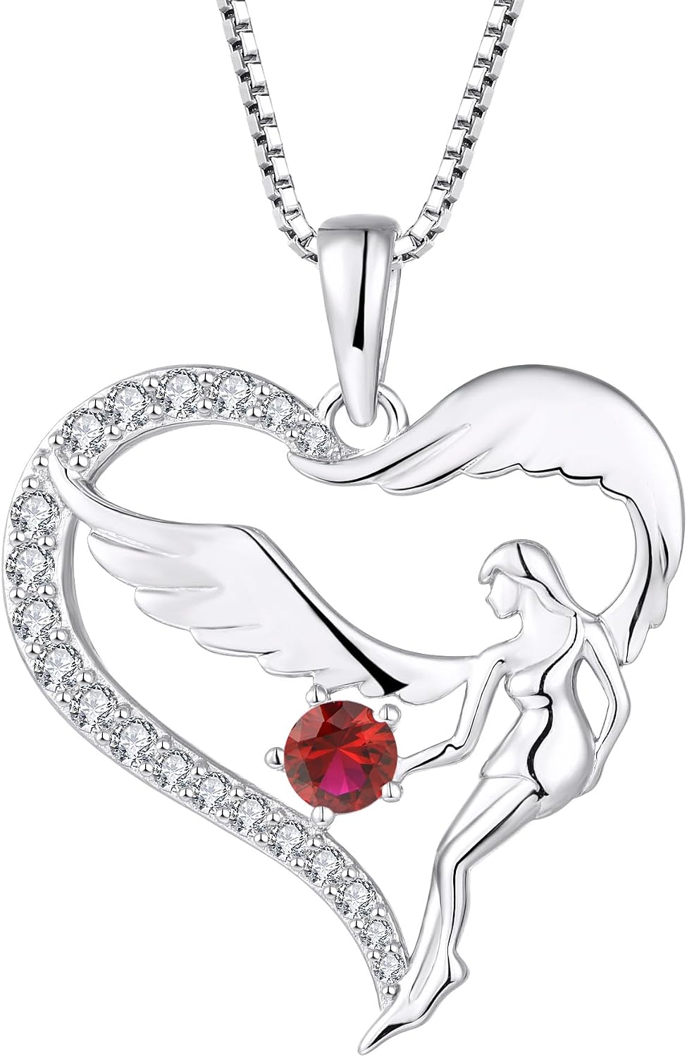 FJ Heart Guardian Angel Necklace Women's 925 Sterling Silver Angel Wings Chain Pendant Birthstone Zirconia Necklace Jewellery Gifts for Women Girls