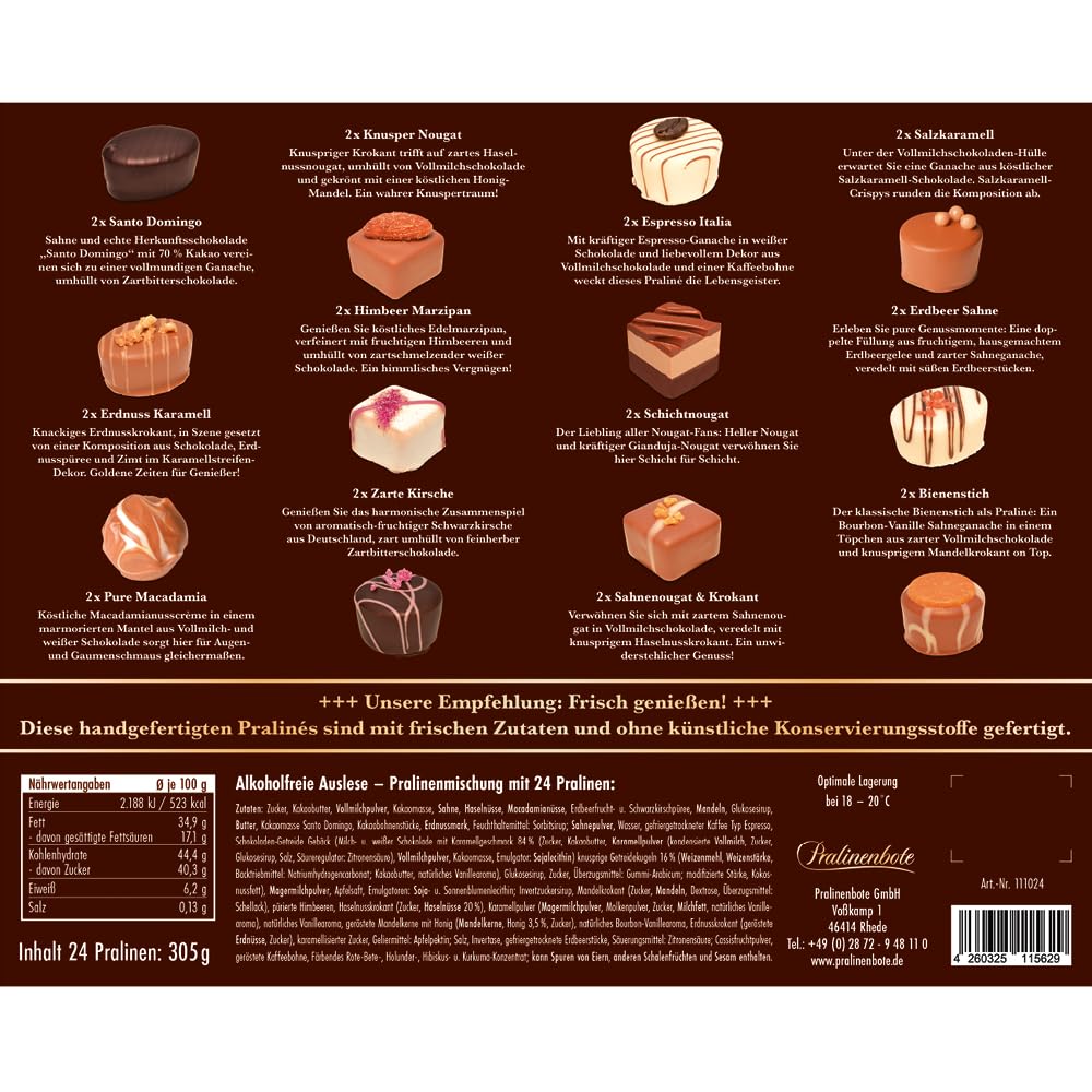 Pralinenbote Genussmanufaktur - Alcohol-free selection with 24 handmade chocolates of German chocolatiers, the exclusive chocolate gift – Bild 3