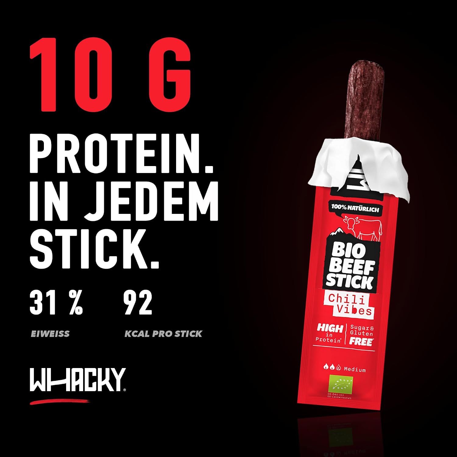 Whacky Organic Beef Sticks - Chili Vibes (9 x 32 g) Protein Snack Made of Beef - Salami Sticks without Sugar - Low Carb, for Fitness, Keto, Outdoor & On the Go - Spicy Chili Flavour – Bild 4