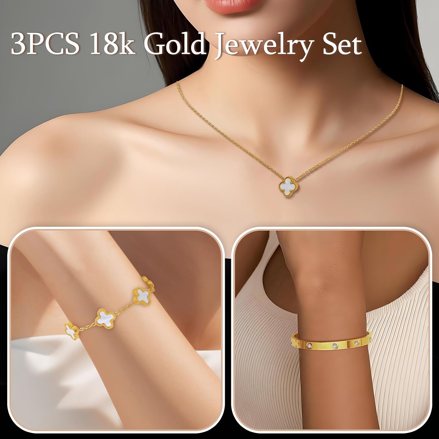 18K Vergoldet Vierblättriges Kleeblatt Armband, 18K Vergoldet Vierblättriges Kleeblatt Anhänger Halskette, Gold Armband Cubic Zirkonia Armreif, 3 PCS Schmuck Set für Geschenke Geburtstags – Bild 2