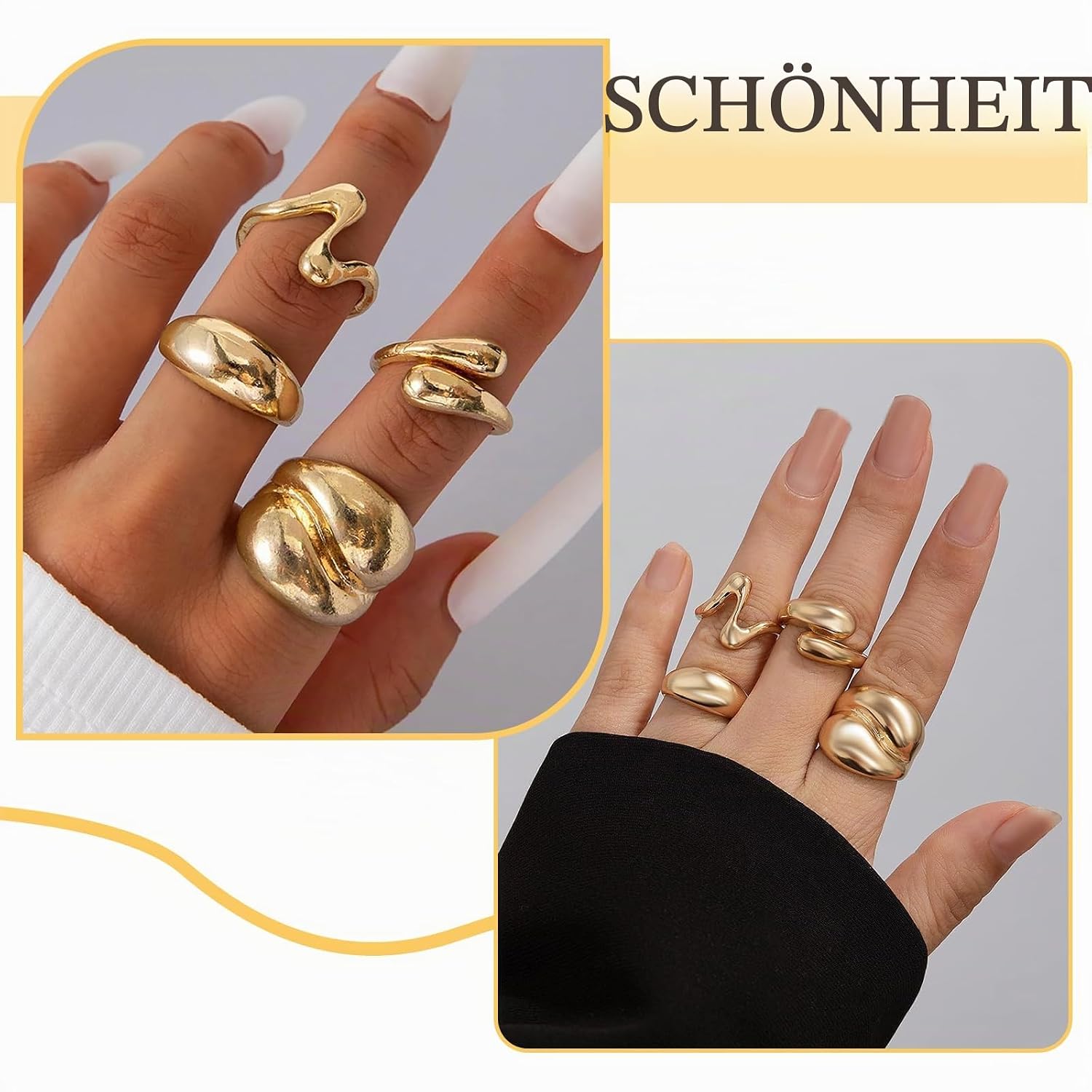 Set of 4 Gold Women's Chunky Rings, Waterproof Rings, Gold-Plated Stackable Statement Rings, Gold Jewellery – Bild 4