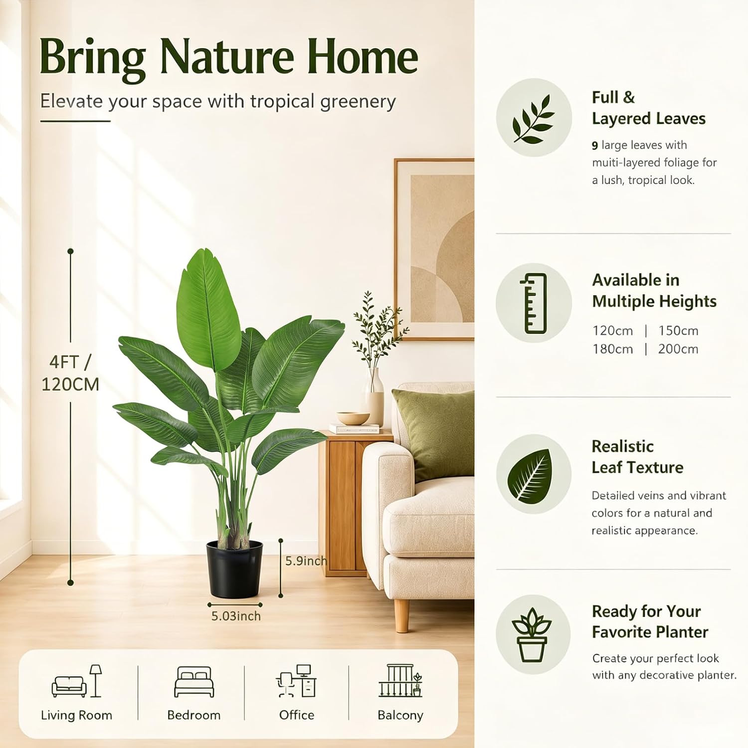 Artificial Bird of Paradise Plant, Faux Banana Leaf Tree for Home Decor, Artificial Plants, Large Indoor Floor Plant with 9 Stems (1, Black Planter, 120 cm) – Bild 2