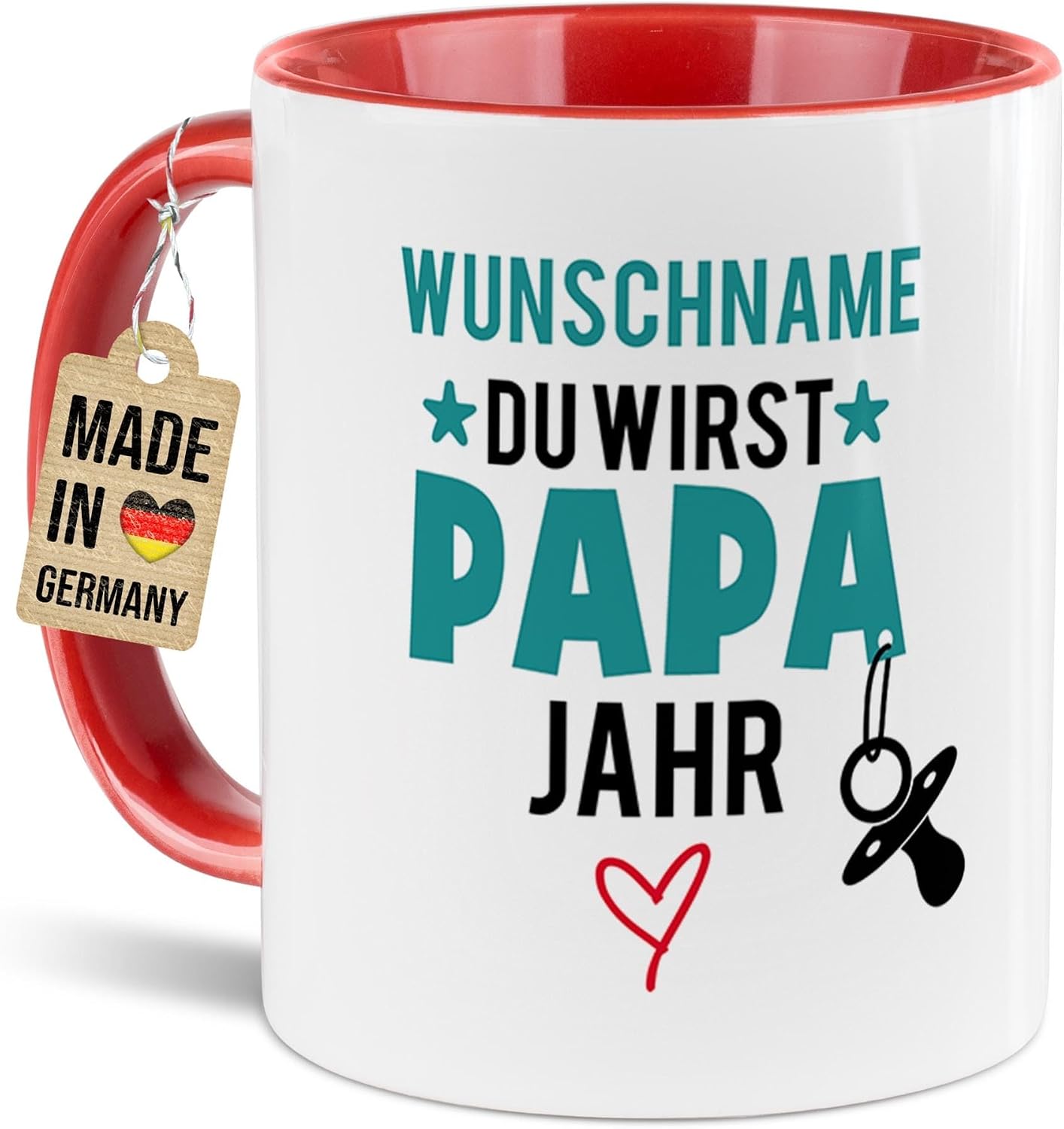 Tassendruck Baby-News Tasse mit Name & Jahr selbst gestalten - Du wirst Papa - Personalisiertes Geschenk zur Schwangerschaft für werdenden Vater - Keramiktasse, 300 ml, Innen & Henkel Rot