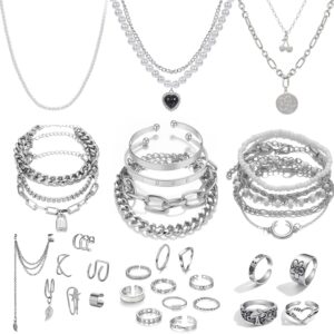 36 Pieces Silver Plated Jewelry Set with 3 Necklaces, 12 Bracelets, 7 Earlobe Earrings, 14 Ankle Rings for Women and Girls as Gift for Valentine’s Day, Anniversary,