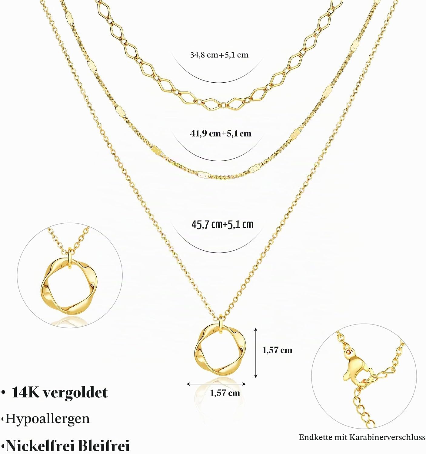Tewiky Layering Necklace Women's - 14K Gold Plated / 925 Silver Trendy with Circle Pendant, Waterproof Jewellery Set Gifts for Women Girls – Bild 4
