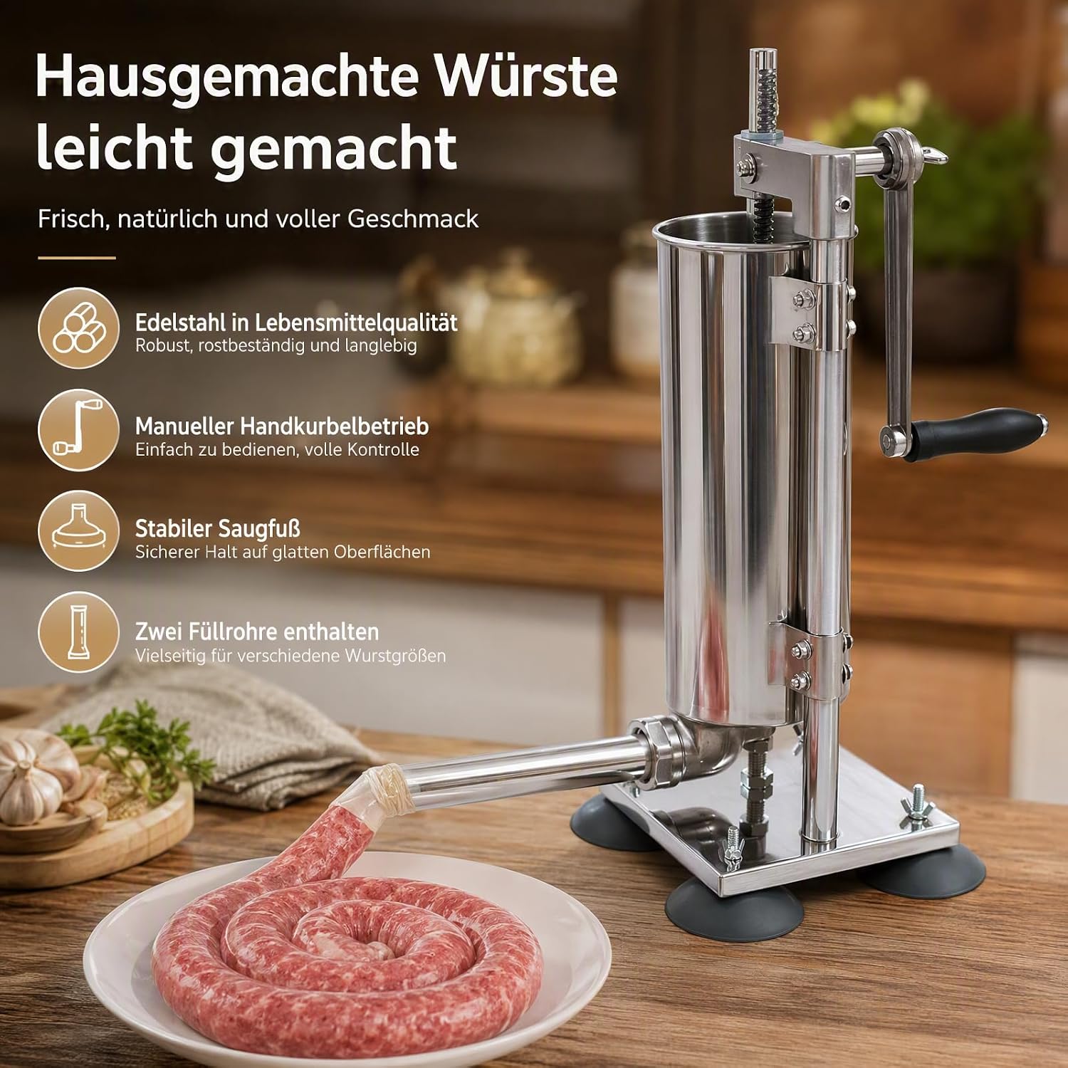 3L Sausage Stuffer Manual Sausage Machine, Stainless Steel Vertical Hand Crank Sausage Sausage Stuffer Machine with Stainless Steel Tubes Plastic Tubes Suction Cups for Kitchen Restaurants – Bild 8
