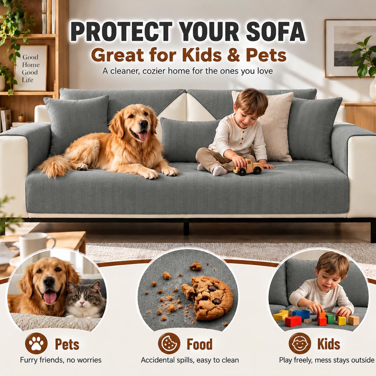 Sofa Cover, Throw Blankets for Sofa, Sofa Protector Non-Slip, Sofa Blankets for Seat, Sofa Cover L Shape 1/2/3/4-Seater Corner Sofa Cover, Couch Throw Dog Cat, Grey, 70 x 70 cm – Bild 6