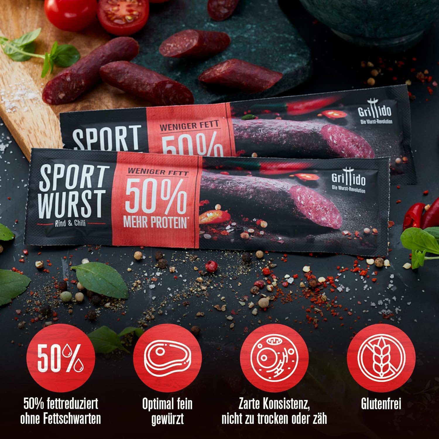 Grillido Sportwurst Beef & Chili 25 x 20 g (500 g) from Austria - Protein-Rich Meat Snack with 39% Protein, No Sugar, No Pork - Hearty Alternative to Beef Jerky & Protein Bar – Bild 3