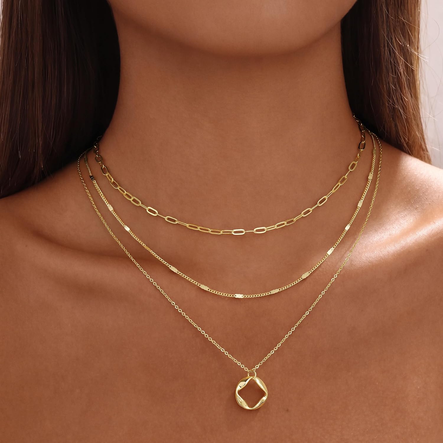 Turandoss Women's Gold Chain, 14 K Gold-Plated Layering Necklace, Women's Chain with Coin Beads Pendant, Snake Chain, Figaro Stackable Necklace Set, Birthday Gift for Girls, Women, Pack of 3 – Bild 2