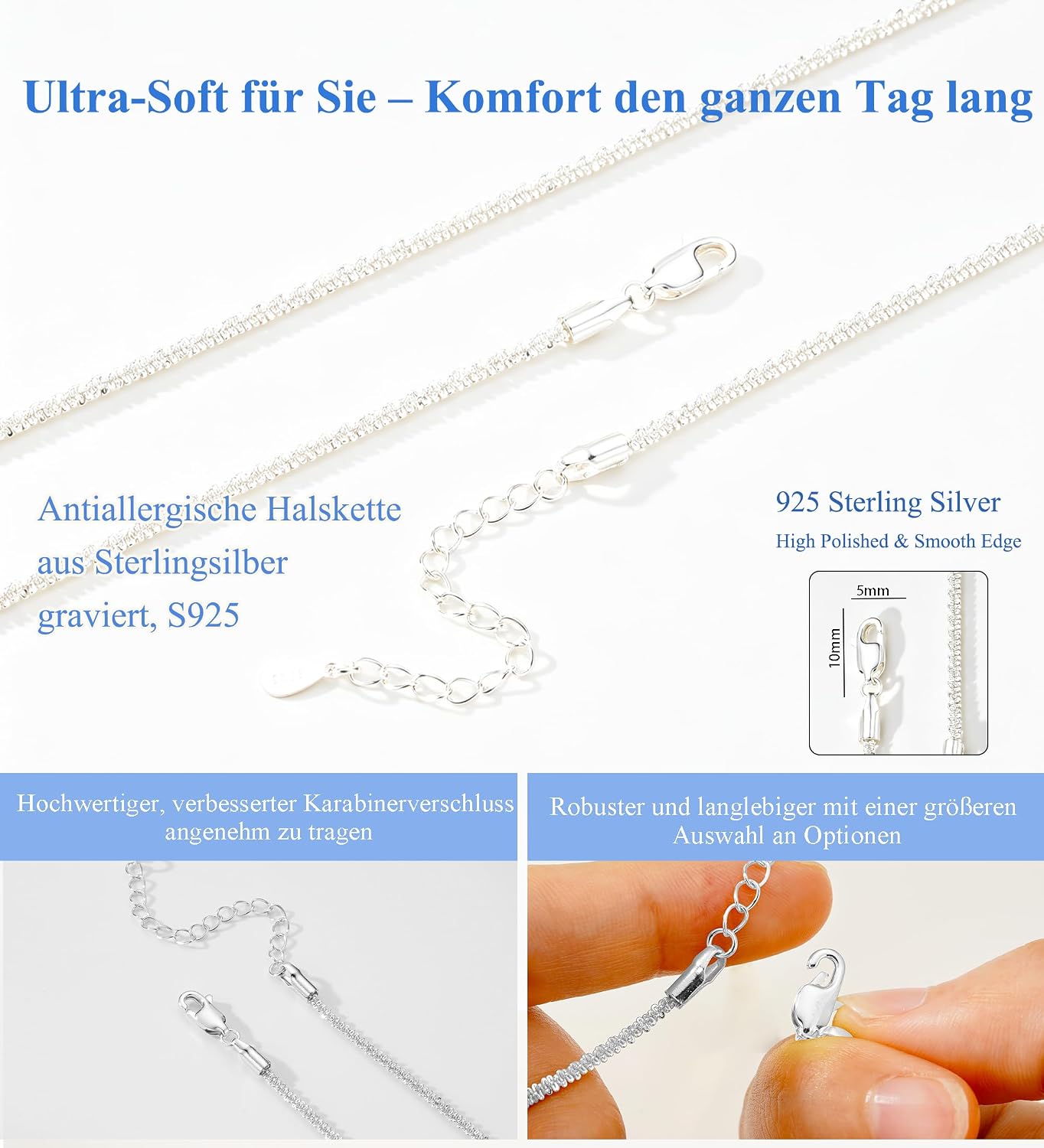 Avotto Silver Chain Necklace Women's 2 mm Chain Silver Diamond Shiny Necklace Silver Chains for Women 14 16 18 20 22 24 26 28 Inches – Bild 4