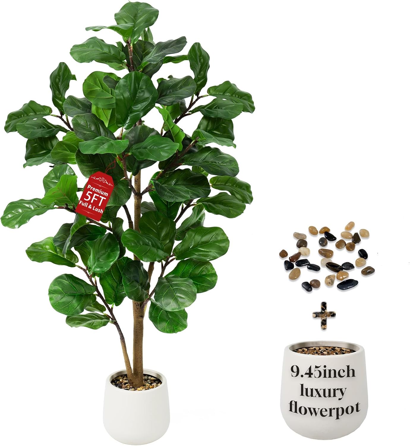 Artificial Plant Fiddle Ficus Tree 150 cm, Artificial Plants Large with White Pot and Decorative Pebbles, Artificial Plants Like Real for Decoration of Offices, Living Rooms and Bedrooms – Bild 8
