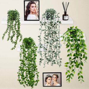 Pack of 4 Artificial Hanging Plants in Pot, Artificial Plants Hanging, Artificial Plants Green Plants Art Hanging Plant Balcony Plants Plastic Plants for Indoor Outdoor Balcony Wedding Wall Decoration