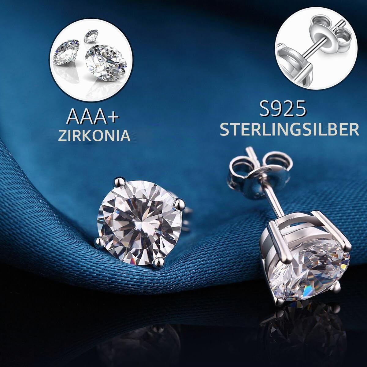 18 Carat White Gold Plated Simulated Diamond, Round Cubic Zirconia Stud Earrings, 925 Sterling Silver, 4 mm, 8 mm, Fine Silver, Black, Gold Jewellery for Men and Women – Bild 4