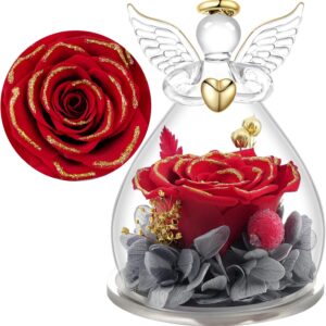 Yamonic Eternal Rose Angel Gifts for Women, Eternal Rose in Glass Gifts for Mum, Angel Figure, Birthday Gifts for Women, Grandma Gift, Real Rose Guardian Angel, Christmas, Mother’s Day Gift