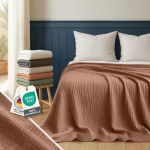 Blumtal Tagesdecke Baumwolle 220x240 cm - Musselin Decke Oeko-TEX Zertifiziert - Bettüberwurf 220x240 - Couch Überwurf - Kuscheldecke Baumwolle 100% - Überwurf Bett - Tagesdecke Couch in Copper