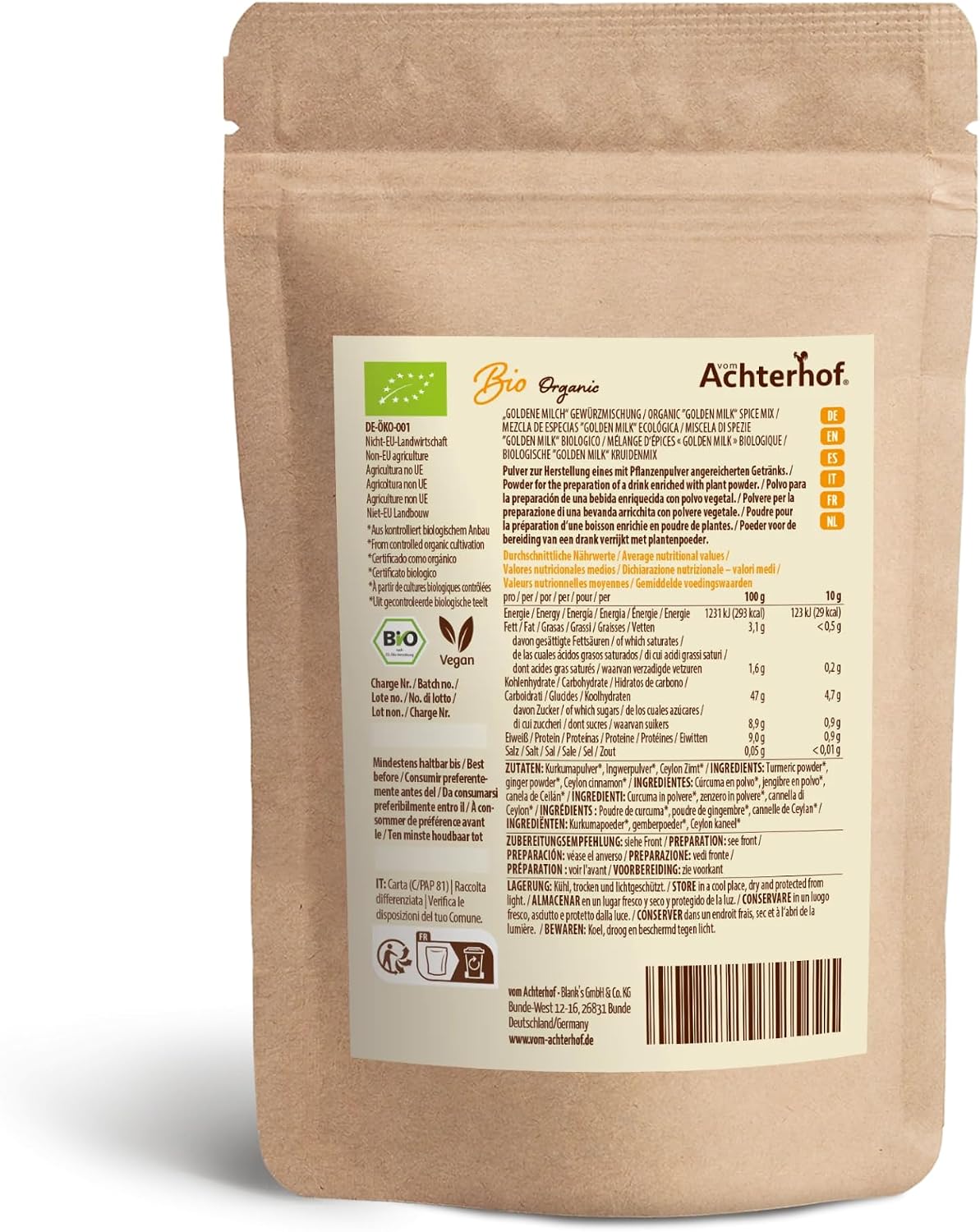 Golden Milk Spice Mix Organic 500 g Basic Ingredients for Golden Milk Ready Mixed with Turmeric Powder, Ginger Powder and Ceylon Cinnamon from Achterhof – Bild 6