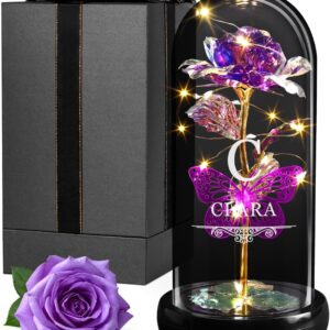 Maverton Purple Eternal Rose with LED Lighting in Glass Dome with Engraved