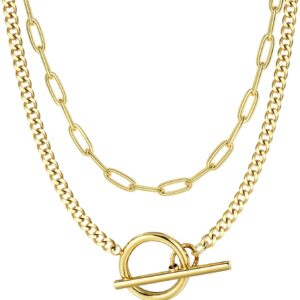 Adramata Necklace Women’s Gold Stackable 14K Gold-Plated Chain Set Trendy Cuban Link Paper Clip Chain with Toggle Clasp Silver Chain Waterproof Jewellery