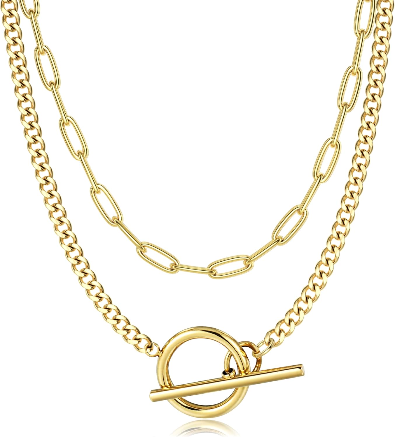 Adramata Necklace Women's Gold Stackable 14K Gold-Plated Chain Set Trendy Cuban Link Paper Clip Chain with Toggle Clasp Silver Chain Waterproof Jewellery