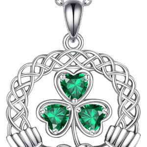 VONALA Clover Necklace 925 Sterling Silver Celtic Knot Claddagh Green Pendant Celtic Irish Chain Lucky Charm St Patrick Day Jewellery Gift for Women Ladies