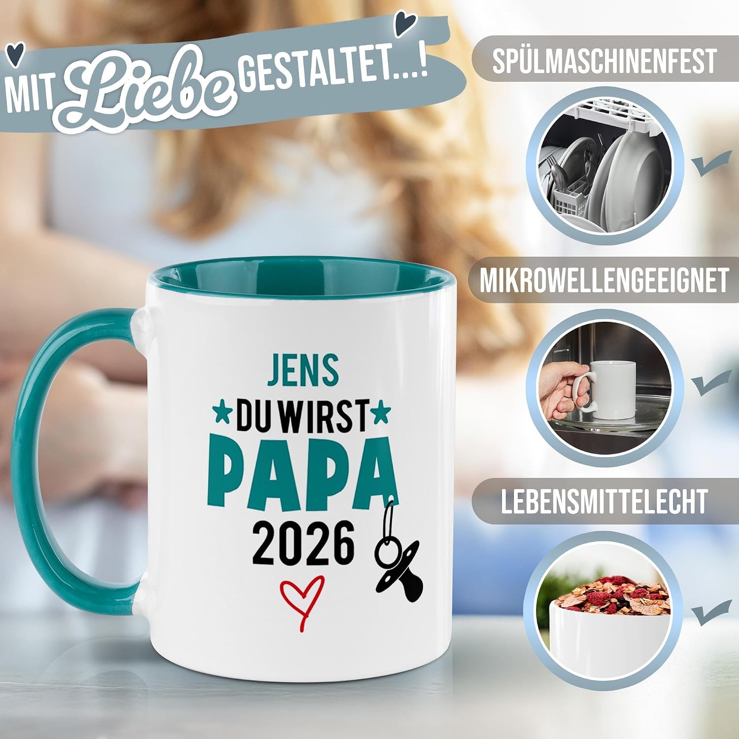 Tassendruck Baby News Mug with Name & Year Design Yourself – Du wirst Papa – Personalised Gift for Pregnancy for Expecting Father – Ceramic Mug, 300 ml, Inner and Handle Turquoise – Bild 6
