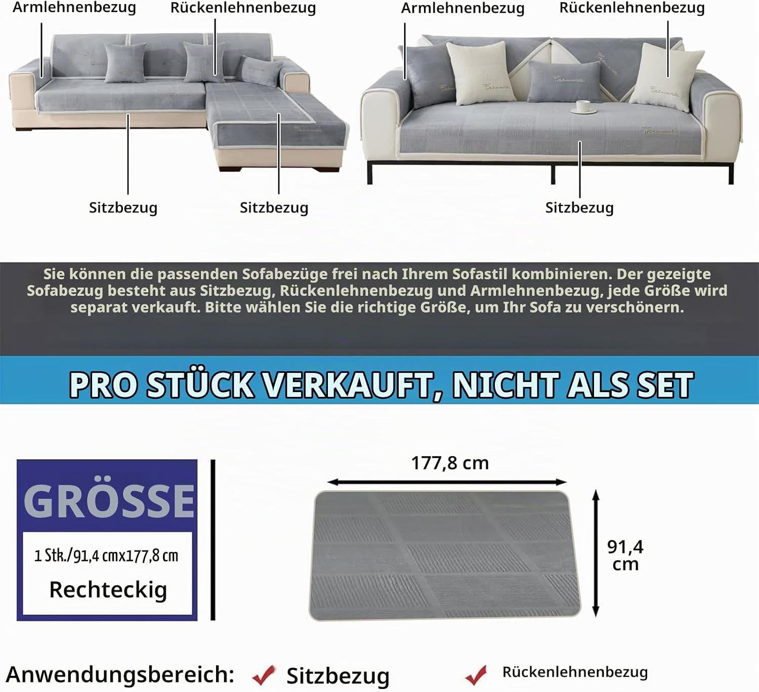 LINGKY Couch Cover, Sofa Cover, 1-/2-/3-/4-Seater, L-Shaped, Corner Sofa Cover, Sofa Covers for Seats, Non-Slip Sofa Protector, Universal Sofa Throw (Grey, 90 x 160 cm, Rectangular) – Bild 5