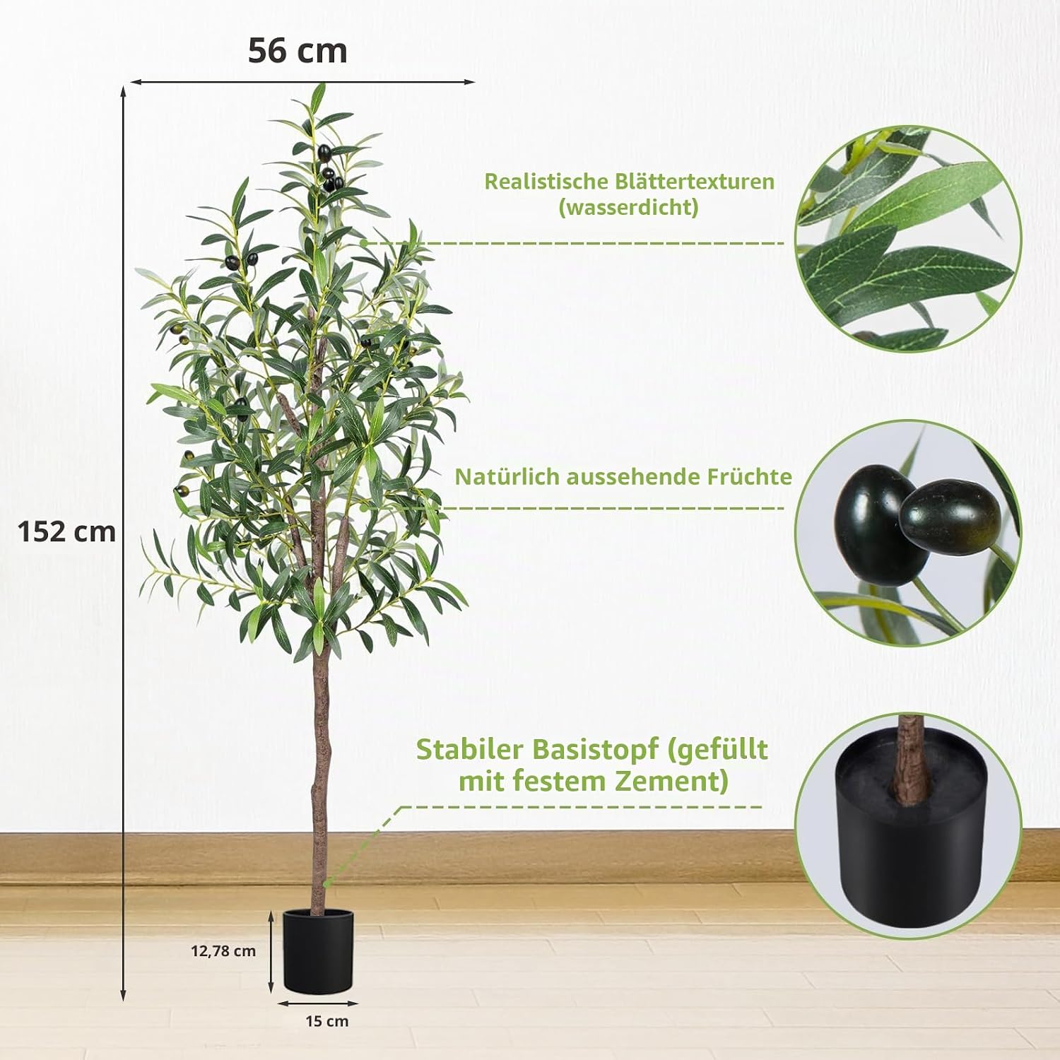 Artificial Olive Tree, 150 cm, Artificial Plant Like Real with Pot & Thicker Trunk - More Leaves & Olives, Care Free. Ideal as Artificial Tree Indoor, Decorative Tree for Living Room, Office, Shop – Bild 2