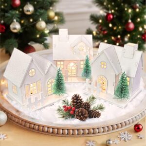 Pack of 3 Christmas Houses Christmas Village with Lighting, Christmas House Illuminated, Christmas Decoration Wooden Indoor, Gnome House, Christmas Town, Christmas Village Set, LED Christmas Village Decoration Houses White