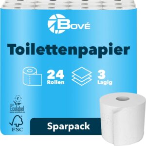 BOVE Toilet Paper 3-Ply 24 Rolls – 250 Sheets per Roll – Extra Soft, Strong & Absorbent – FSC & EU Ecolabel Certified – Value for Money