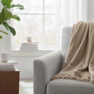 Blanket with Fringes, Cotton Blend, 150 x 200 cm, Taupe Light Brown/Beige