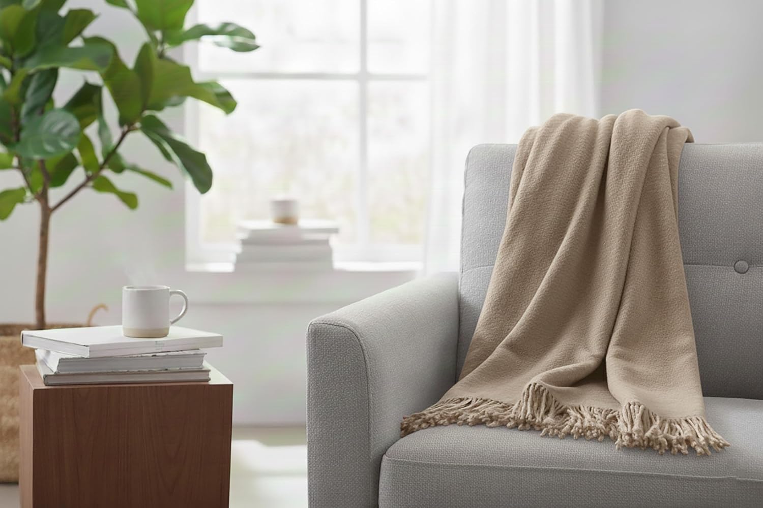 Blanket with Fringes, Cotton Blend, 150 x 200 cm, Taupe Light Brown/Beige