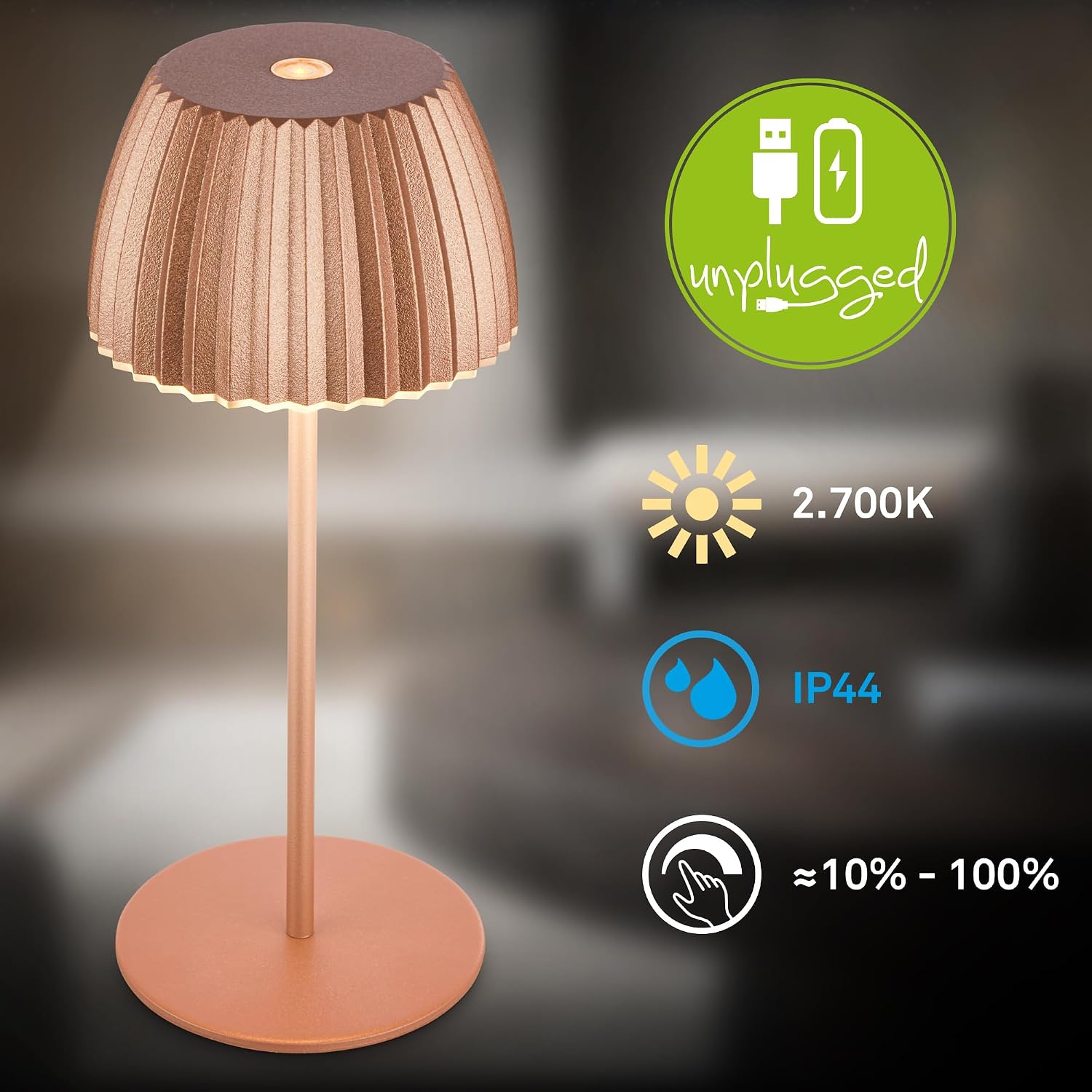 BRILONER Riffle Mini LED Table Lamp, Wireless, IP44, with Light Edge, Touch Dimmer, Replaceable Battery, Bedside Lamp, Battery-Operated, German Design Award Winner 2025, 8.5 x 20 cm, Copper-Coloured – Bild 3