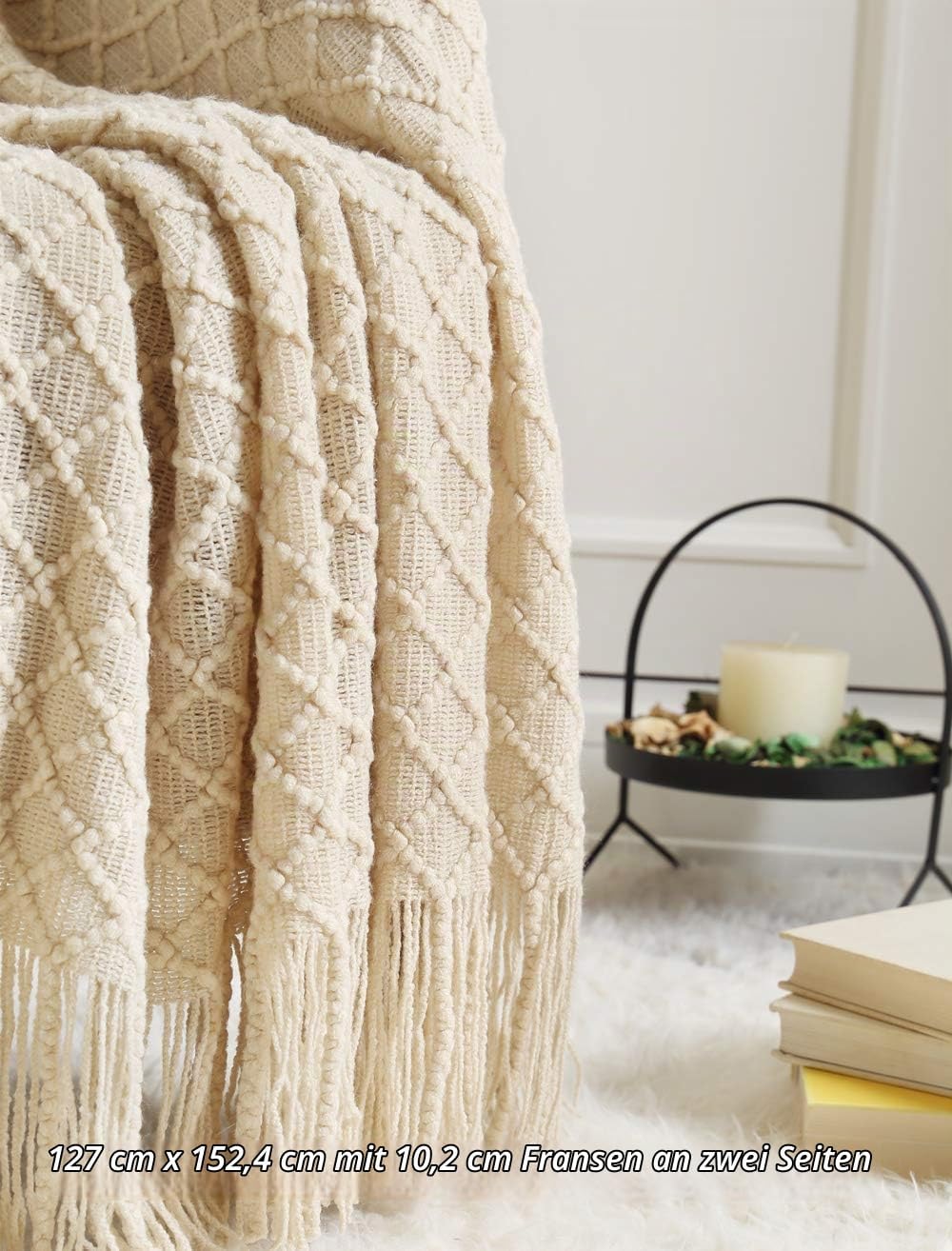 CREVENT Home Decor Rustic Throw for Couch Sofa Chair Bed Soft Warm Cozy Lightweight for Spring Summer Travel (50 x 60 inch, Beige/Ivory) – Bild 2