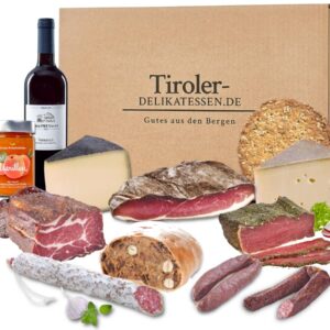 Tyrolean gourmet set, 12 pieces, sausage, cheese and wine Almgourmet