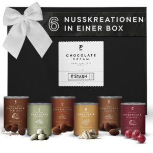 P-Stash Black Box Nut Mix – Box of 6 Nuts Mix – Pecans, Hazelnuts & Almonds – Mixed Nuts in Chocolate with Unique Spices, Hand Roasted in Berlin (Box of 6, Chocolate Dream)
