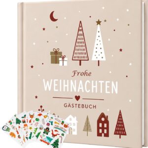 DEWEL Gästebuch Weihnachten mit 68 Blankoseiten & 8 Stickerbögen, Hardcover Weihnachten Erinnerungsalbum festhalten für Fotos Glückwünsche,Erinnerungsbuch Familie Freunde(Rot)