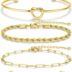 Sweetkiki Pack of 5 Women's Gold 14 Carat Gold-Plated Stainless Steel Stackable Cuff Bracelets Bracelets, Adjustable Beads, Paper Clip, Cuban Chains, Gold Bracelets Set, Stacking Bracelets Jewellery