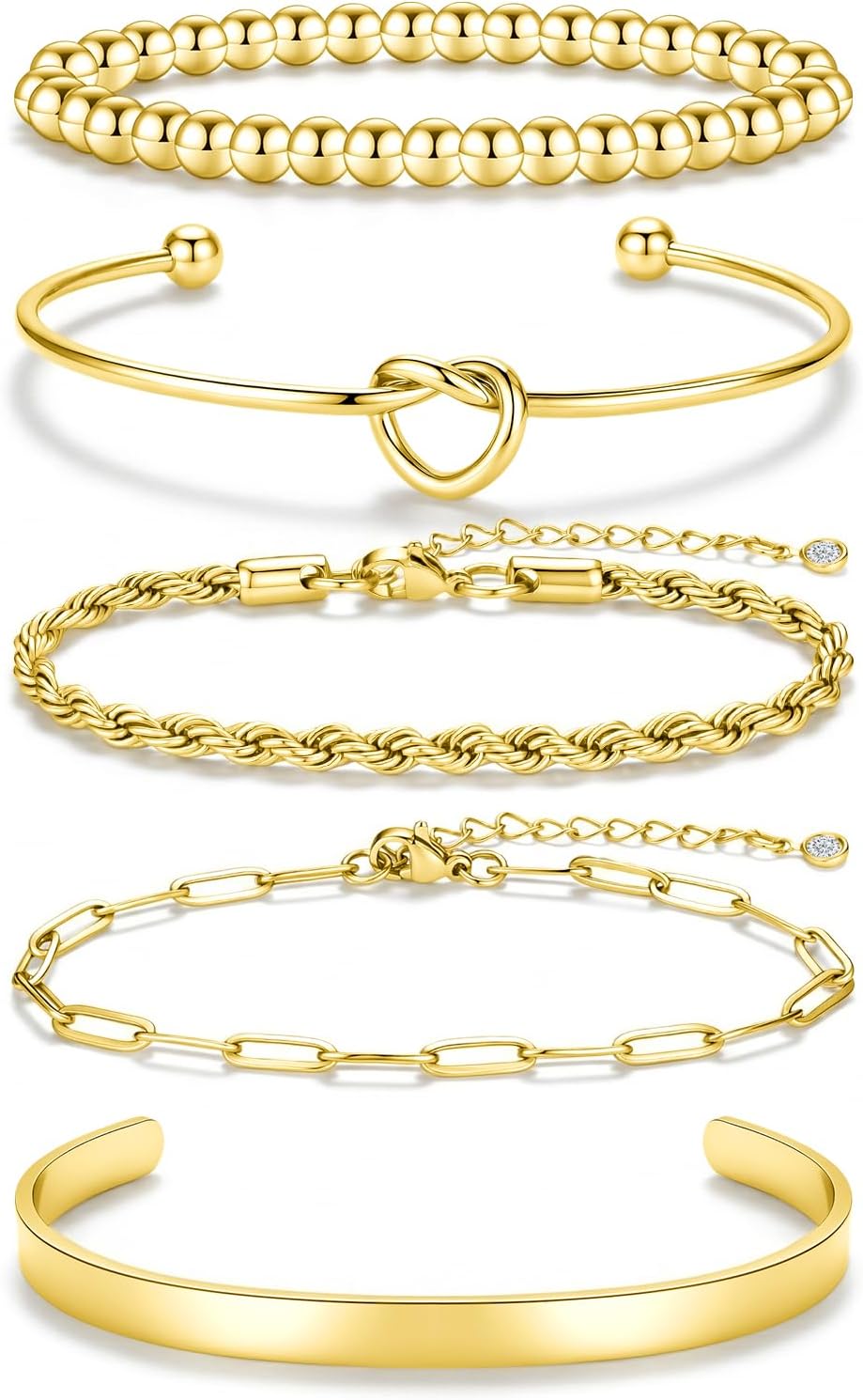 Sweetkiki Pack of 5 Women's Gold 14 Carat Gold-Plated Stainless Steel Stackable Cuff Bracelets Bracelets, Adjustable Beads, Paper Clip, Cuban Chains, Gold Bracelets Set, Stacking Bracelets Jewellery